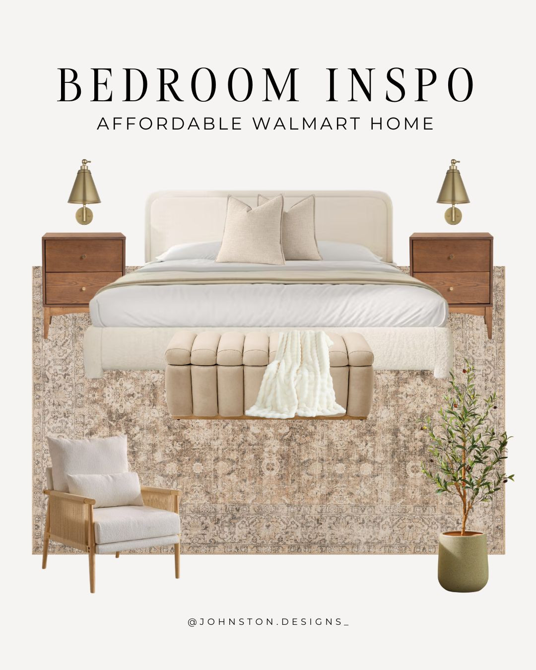 Neutral bedroom inspo all from Walmart! Affordable furniture, mind-century modern, tan, wall sconce, upholstered bed frame, accent chair, styled room inspo, modern organic, Walmart home. 

 #LTKHome #LTKFindsUnder100