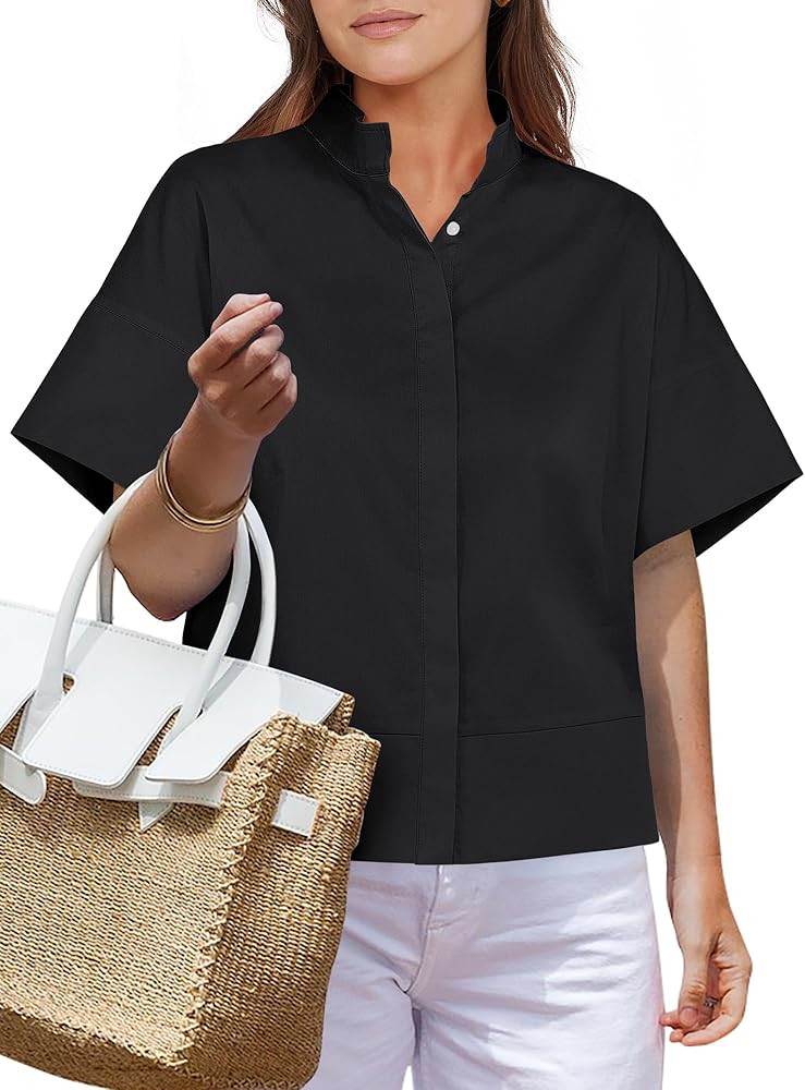 ANRABESS Women Short Sleeve Button Down Cropped Shirts Oversized Boxy Loose Fit Dressy Business C... | Amazon (US)
