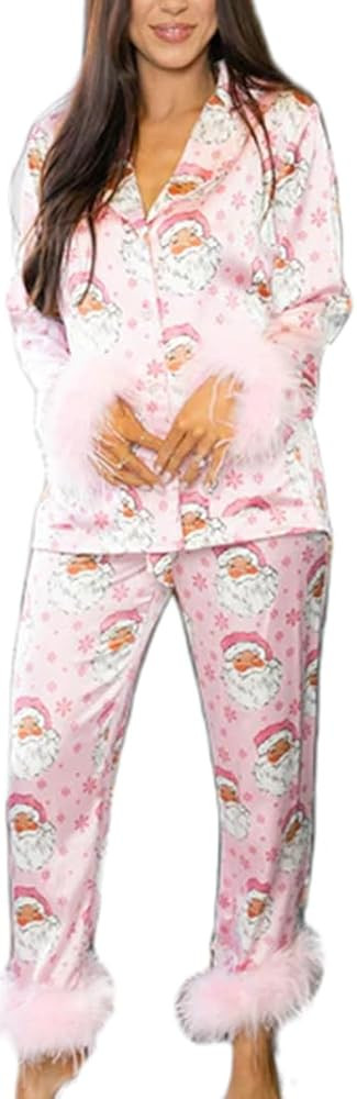 Women's Satin Silk Pajamas Sexy Feather Trim Long Sleeve Button Up Pjs Shirt Sleep Pajama Pants 2... | Amazon (US)