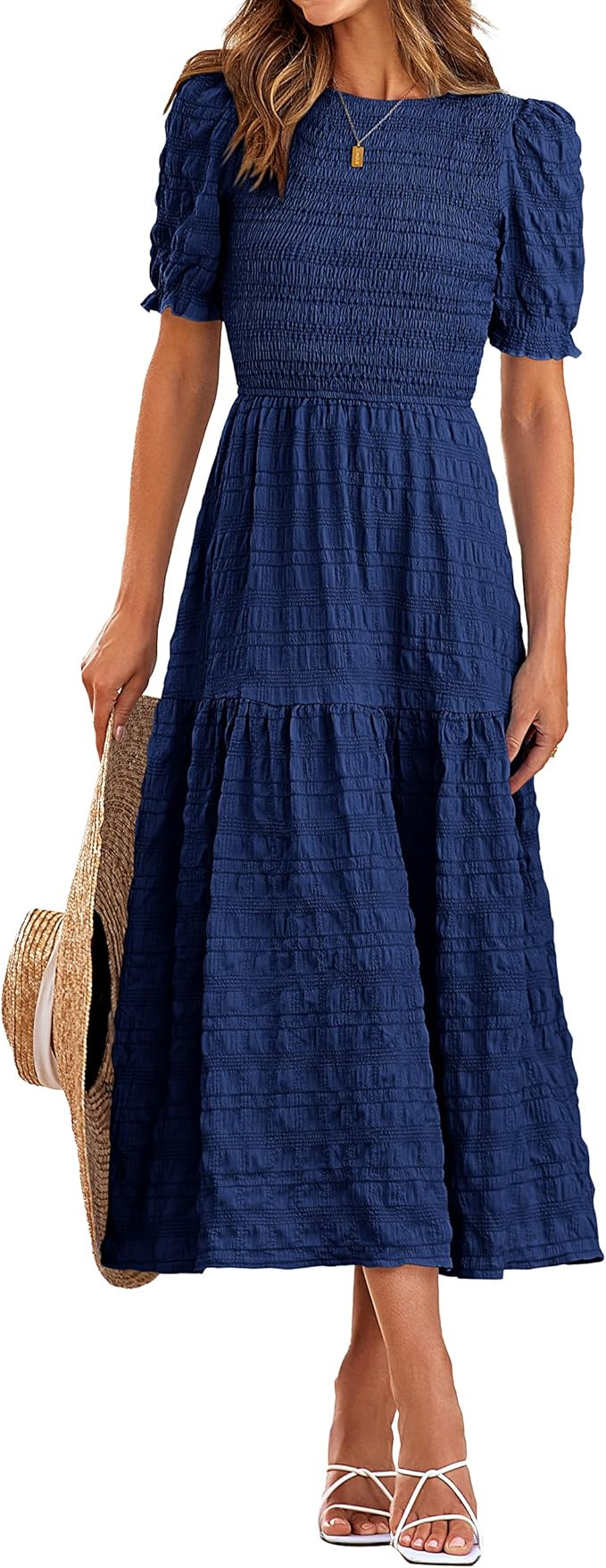 dowerme Women Summer Dresses 2023 Casual Puff Short Sleeve Crewneck Smocked Flowy Ruffle Boho Bea... | Amazon (US)