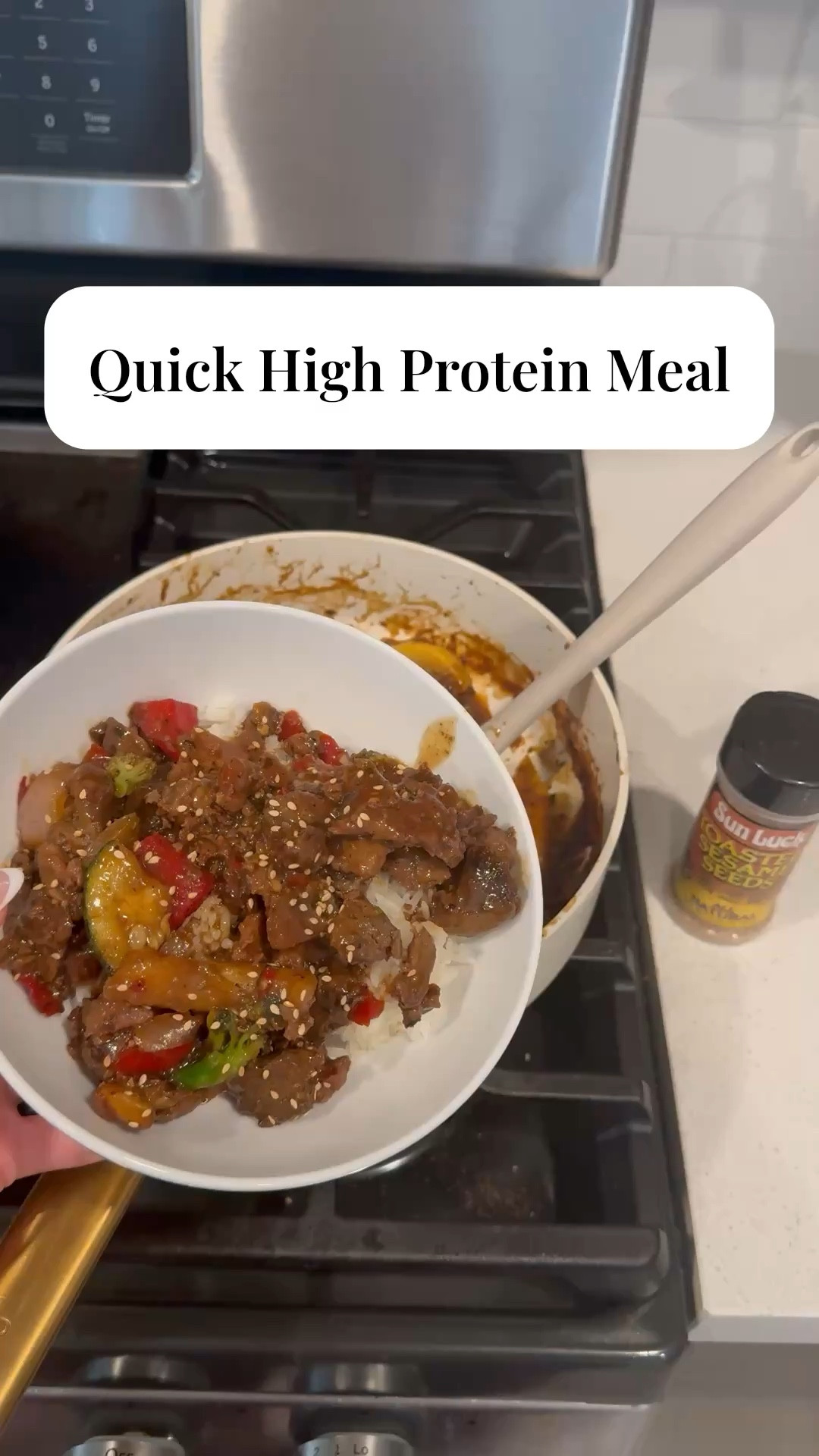 Here’s an easy high protein meal: steak strips, zucchini, onion broccoli, peppers, stir fry in bulgogi sauce. Serve over rice(or skip it if it’s your low carb day) and garnish with sesame seeds. Clean up is easy with this non stick skillet from green pan. It basically rinsed clean! 🤏🏽🤏🏽🤏🏽

#LTKActive #LTKfoodie