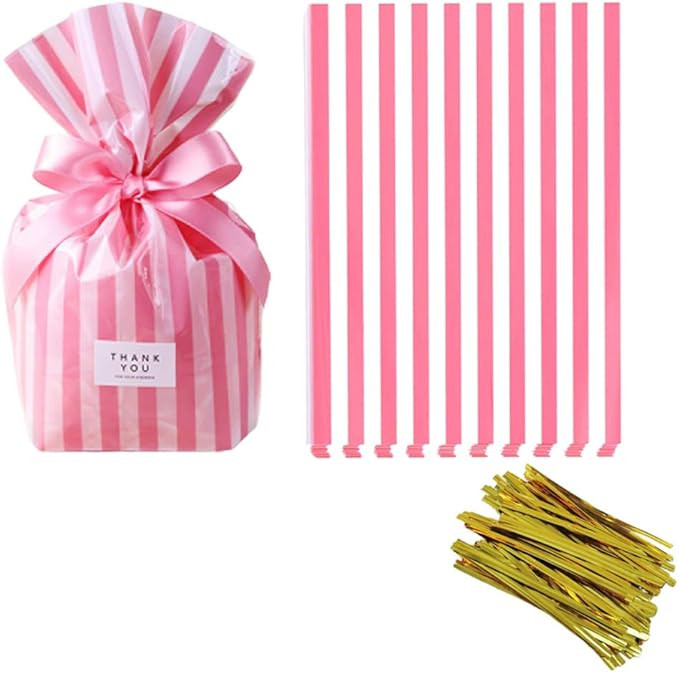 Pink Stripe Clear Cello Candy Favor Bags,Cellophane Cookie Treat Plastic Bags,With Gold Twist Tie... | Amazon (US)