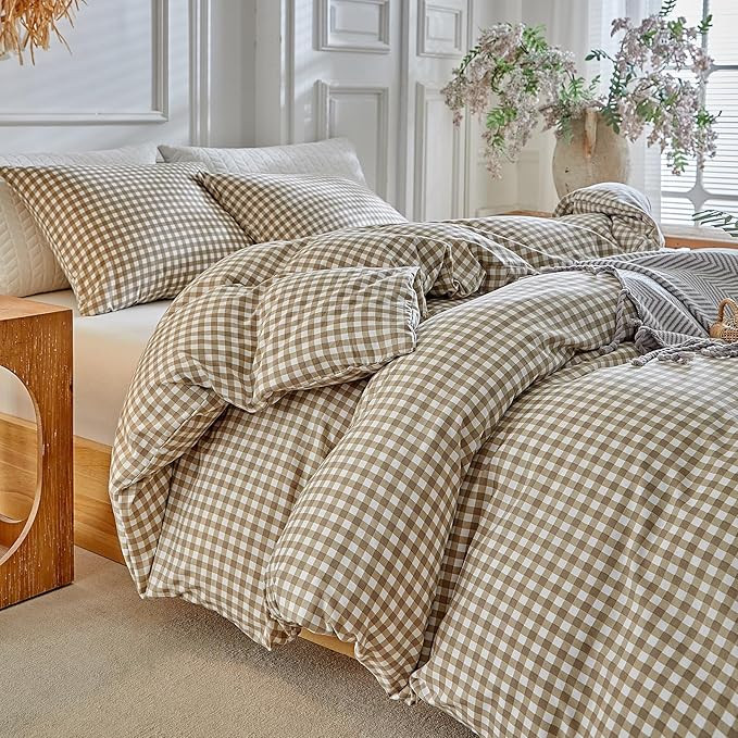 DuShow Grid Queen Duvet Cover Set - Tan Gingham Washed Microfiber Comforter Cover Set, 3 Pieces P... | Amazon (US)
