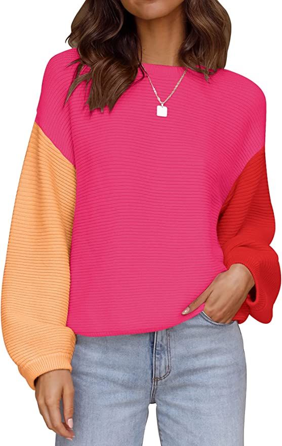 ZESICA Women's Crew Neck Long Lantern Sleeve Casual Loose Ribbed Knit Solid Soft Pullover Sweater... | Amazon (US)