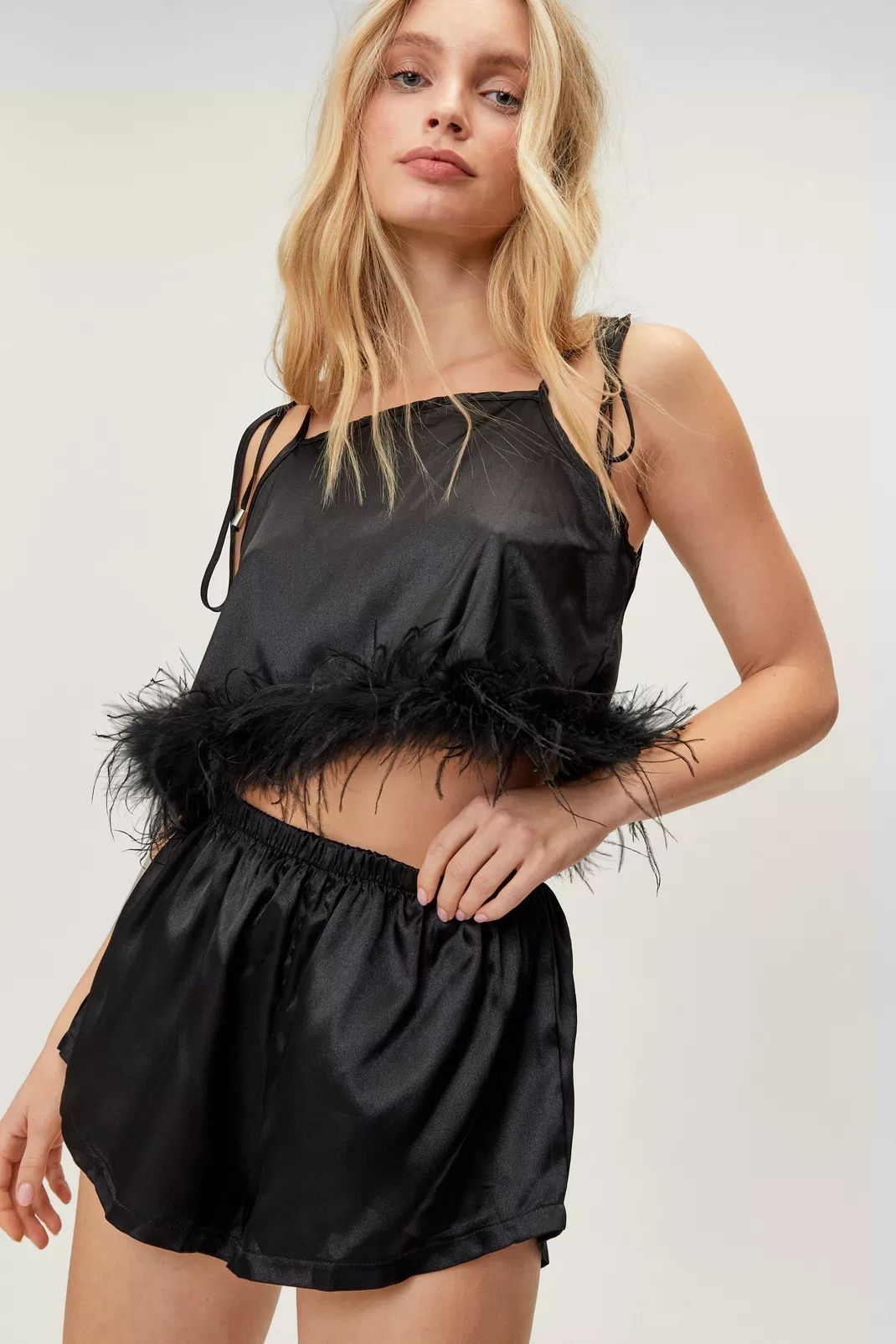 Satin Feather Trim Cami Pajama Short Set | Nasty Gal (US)