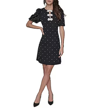 KARL LAGERFELD PARIS Dotted Scuba Crepe Round Neck Short Puff Sleeve Pearl Bow Sheath Dress - 14 | Dillard's