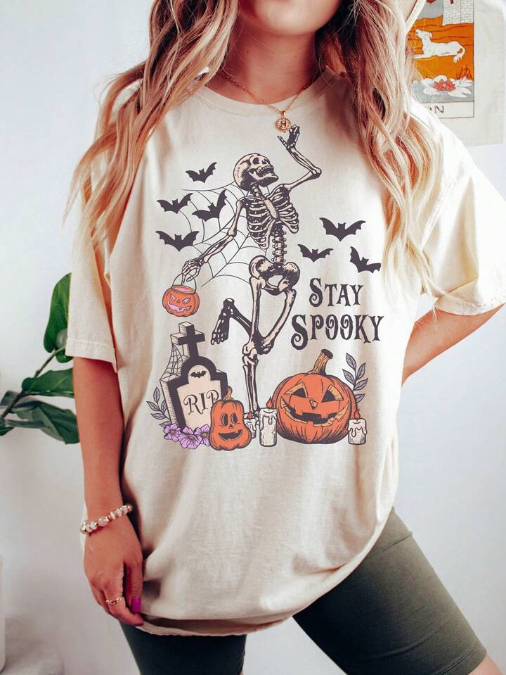SHEIN EZwear Women's Crew Neck Short Sleeve Casual Loose Fit Skeleton, Pumpkin, Bat Printed T-Shi... | SHEIN