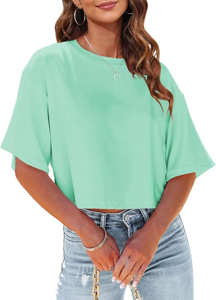 Tankaneo Women Half Sleeve Cropped T-Shirts Drop Shoulder Round Neck Crop Tops Casual Summer Soli... | Amazon (US)