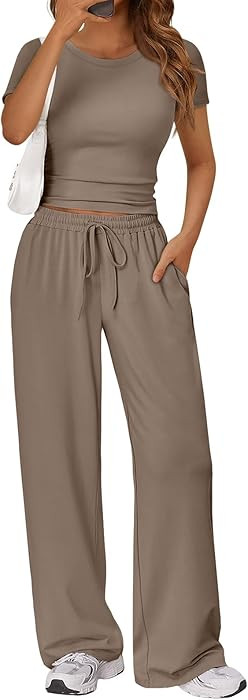 Trendy Queen 2 Piece Matching Summer Lounge Set Womens Side Ruching Top Wide Leg Pants Sets with ... | Amazon (US)