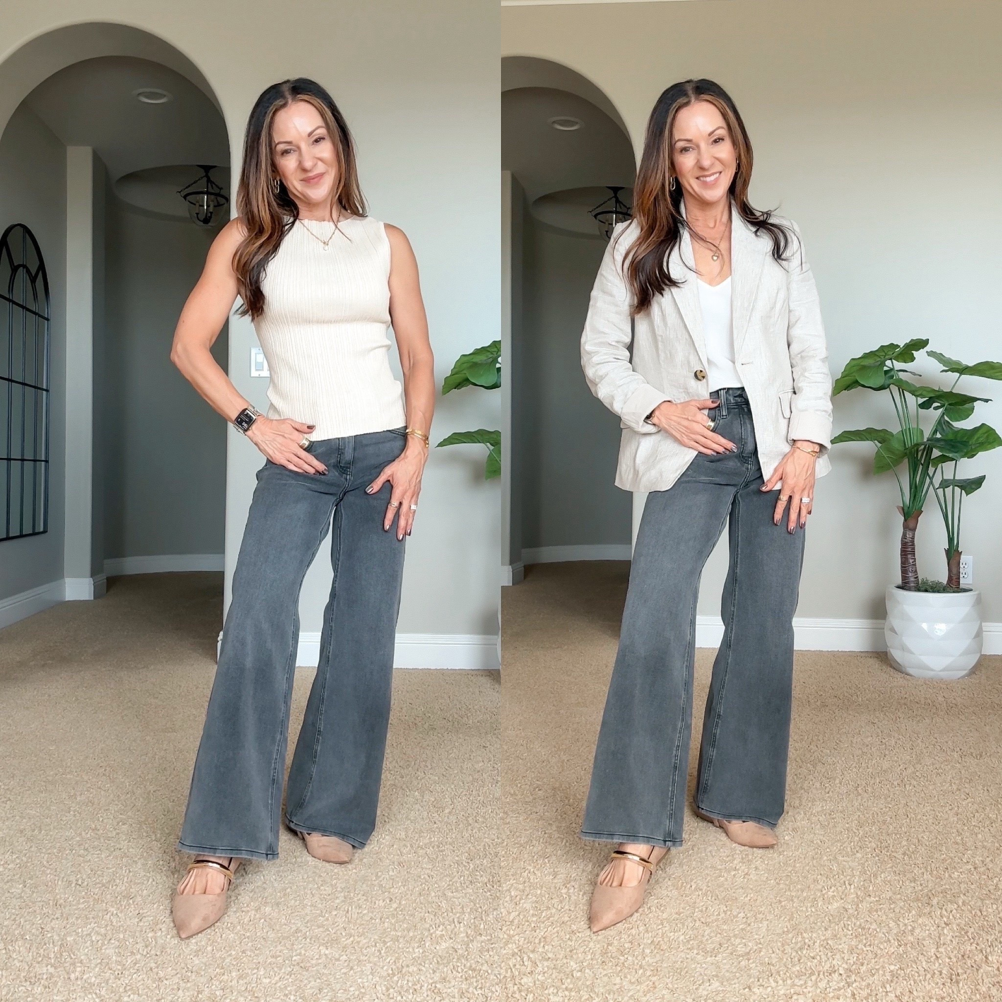 My favorite wide leg jeans in this gorgeous and on trend grade out color. Size 25 in the 28 inch length they come in four length options. Paired with this gorgeous linen blazer in the color flex size XS. 
Washable stretch silk V-neck Cami in ivory size XS
Cotton cashmere ribbed tank that I love size XS Heather oatmeal that you can see in another try on.
I linked some cute sneakers that I have my eye on from Quince, too!
@Quince 
#quincepartner

#LTKPetite #LTKSeasonal #LTKootd