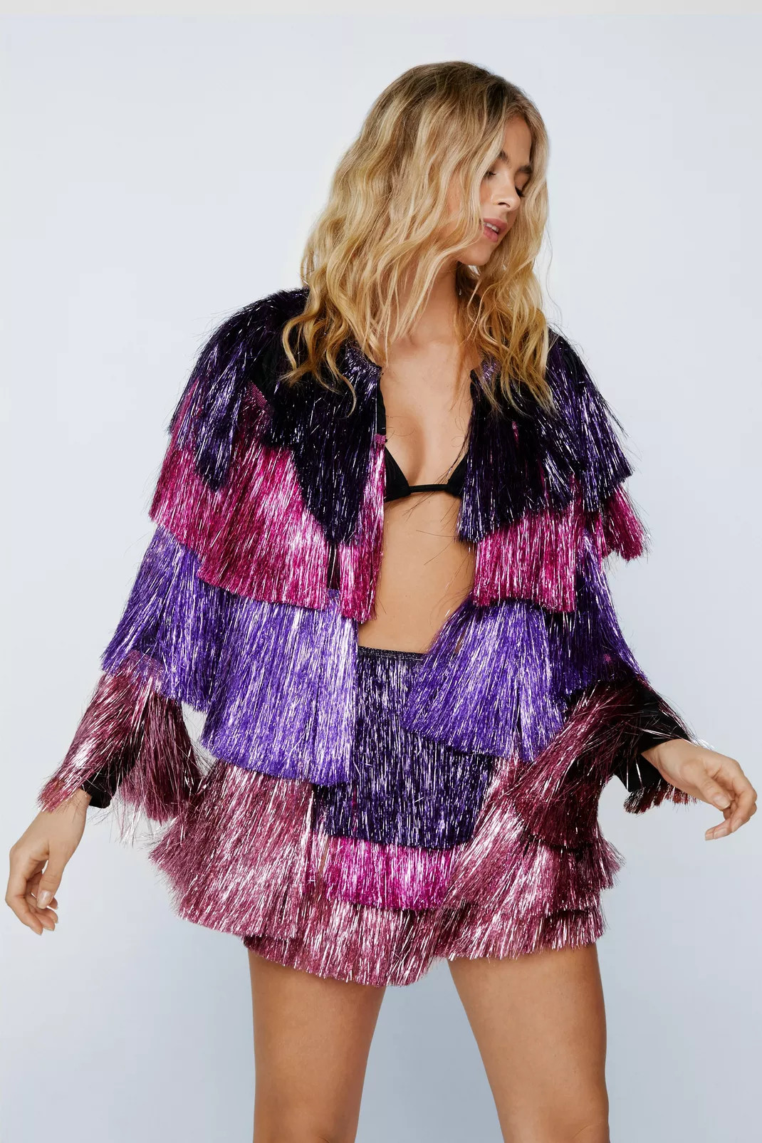 Metallic Tiered Tinsel Fringe Open Front Jacket | Nasty Gal US