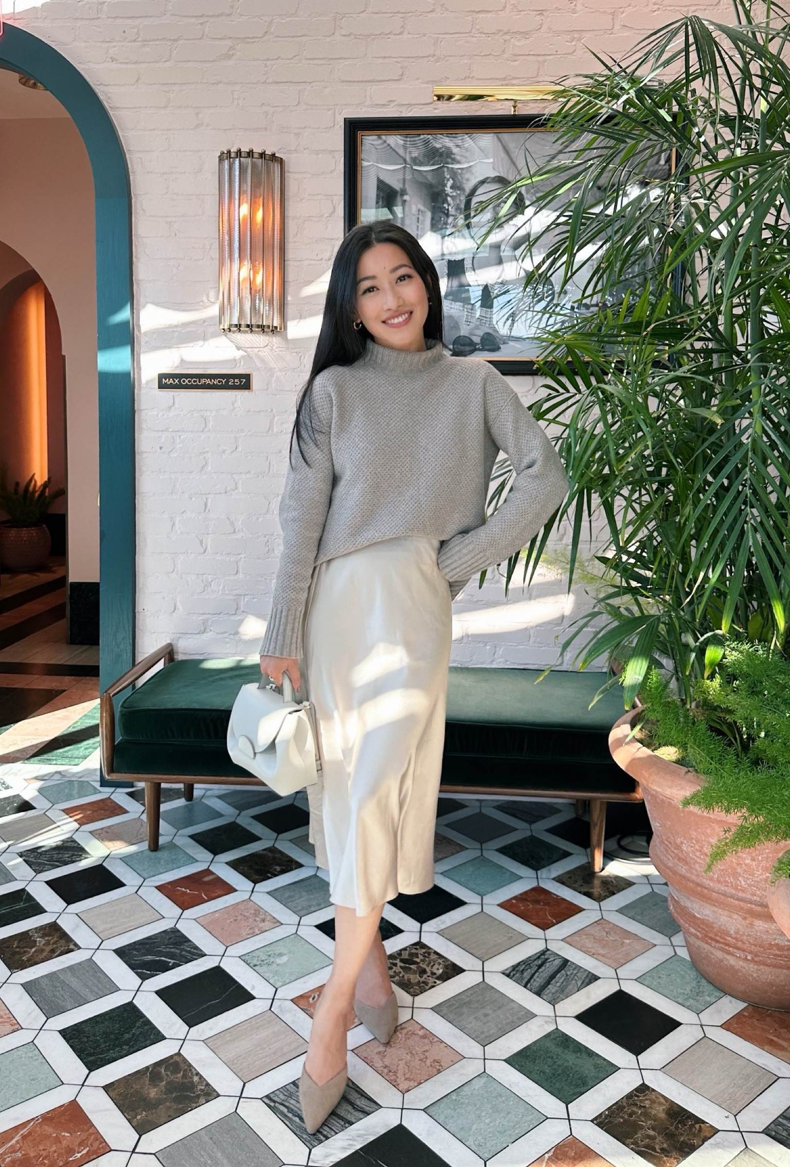 •Quince silk skirt xs , really beautiful color. note the silk is a thinner weight. Midi longer length on me.

•Everlane sweater xxs - from a prior season, linked a few current sweater options   
• H&M heels - my exact shoes are from a prior season but I linked a current pair I own in a very similar neutral •Polene bag   #petite early fall outfit 

#LTKFind #LTKunder100 

#LTKstyletip #LTKSeasonal