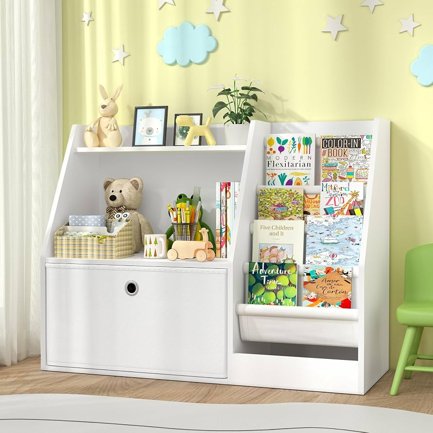 TOETOL Kids Bookshelf,Book Storage Organizer,4 Sling Toddler Wooden Book Shelf,2-Tier Kids Bookca... | Amazon (US)