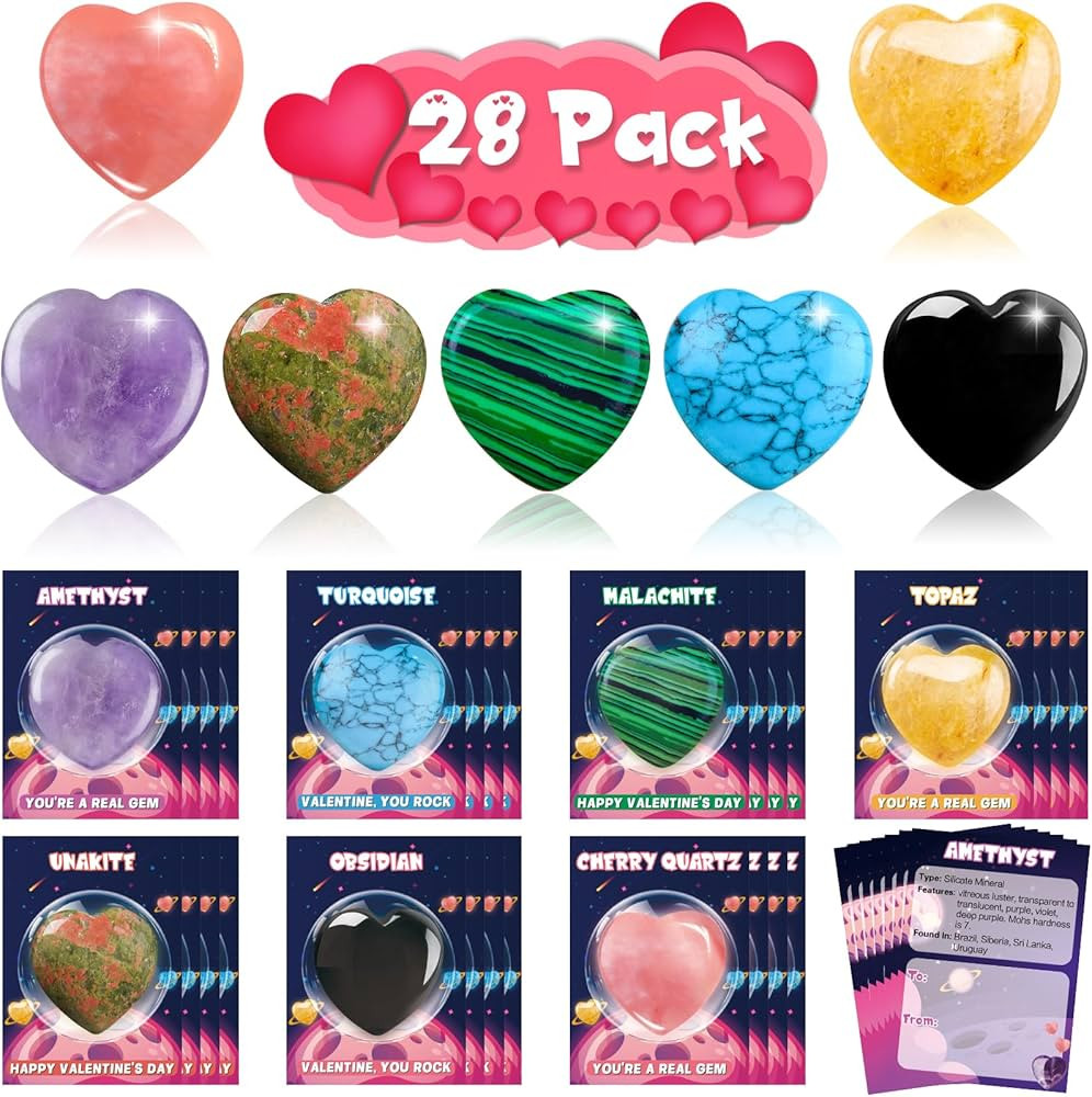 Valentines Day Gifts for Kids Classroom, 28 Pack Valentines Cards Goodie Bags with Heart Stones, ... | Amazon (US)