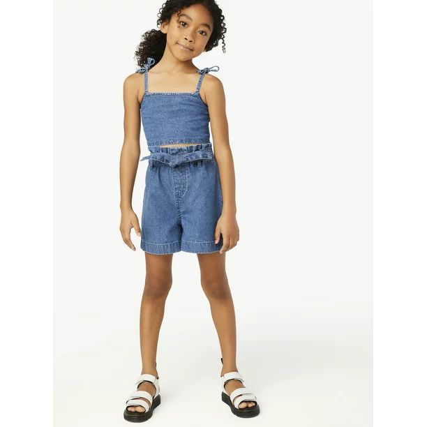 Free Assembly Girls' Denim Cropped Tank and Paperbag Shorts Set, 2-Piece, Sizes 4-18 | Walmart (US)