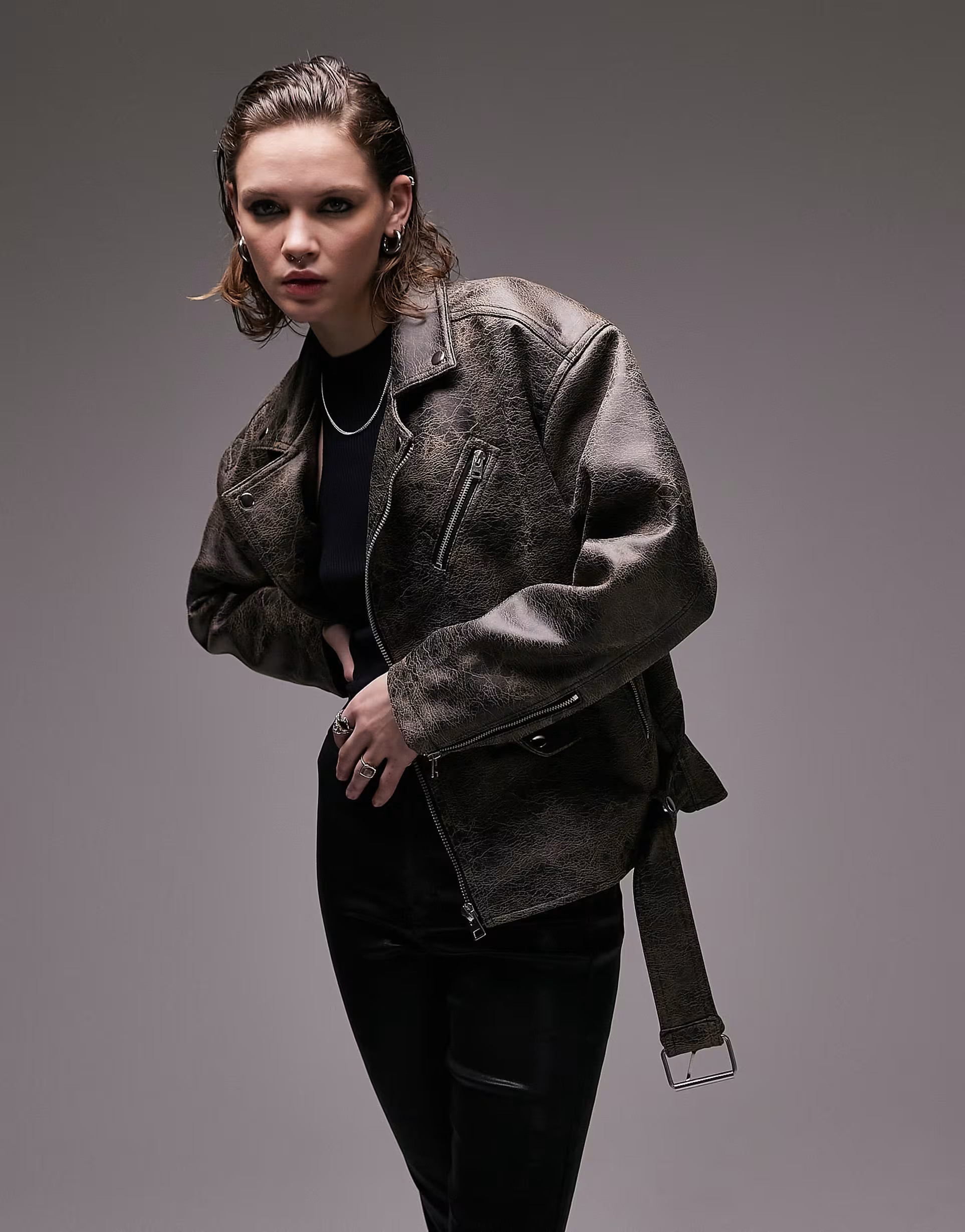 Topshop faux leather oversized moto jacket in washed brown | ASOS (Global)