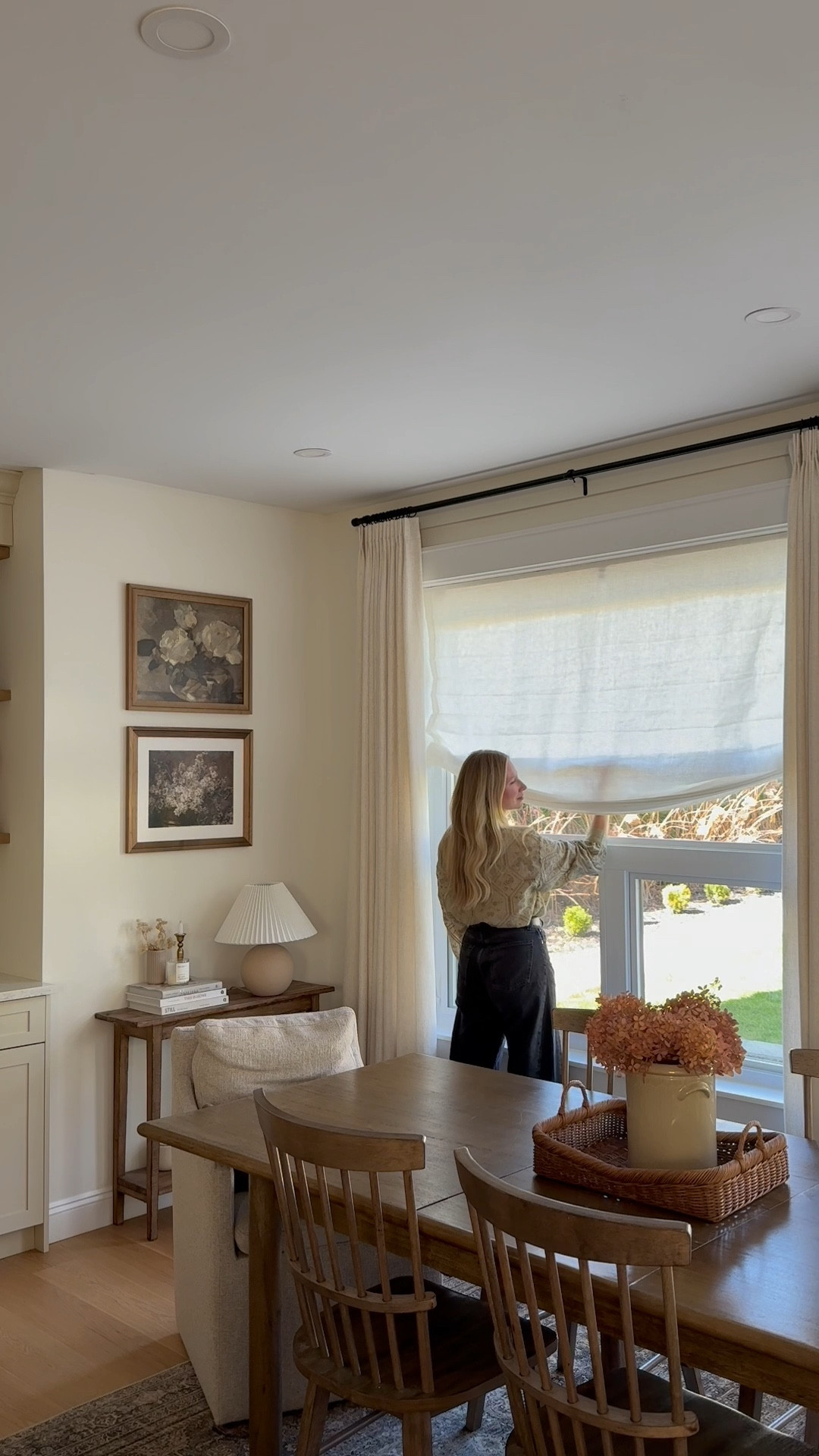 Linen Roman shades.
Product: Belgian Flax Linen Roman Shades Color: Off white 
Style: Relaxed 
Unlined 
Use my code AMYPETERS for 25% off your order.
I went with an inside mount and opted for no liner so the light would filter though.
