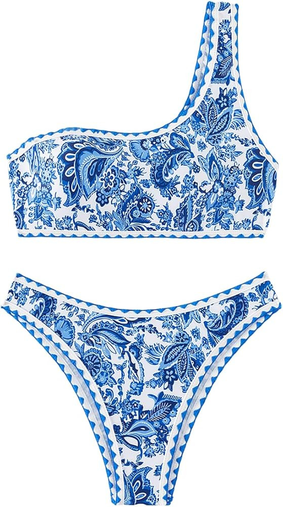 SHENHE Women's One Shoulder Floral Swimsuits 2 Piece High Cut Boho Bikini Set Swimwear | Amazon (US)