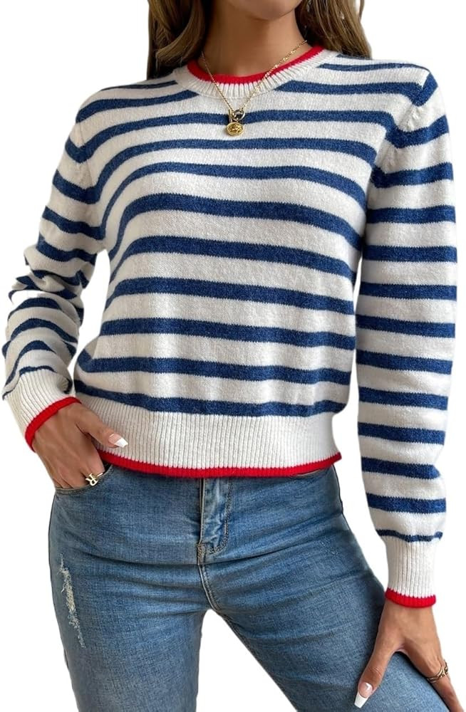 Women's 2023 Casual Sweaters Round Neck Long Sleeve Striped Pattern Contrast Trim Casual Sweater ... | Amazon (US)