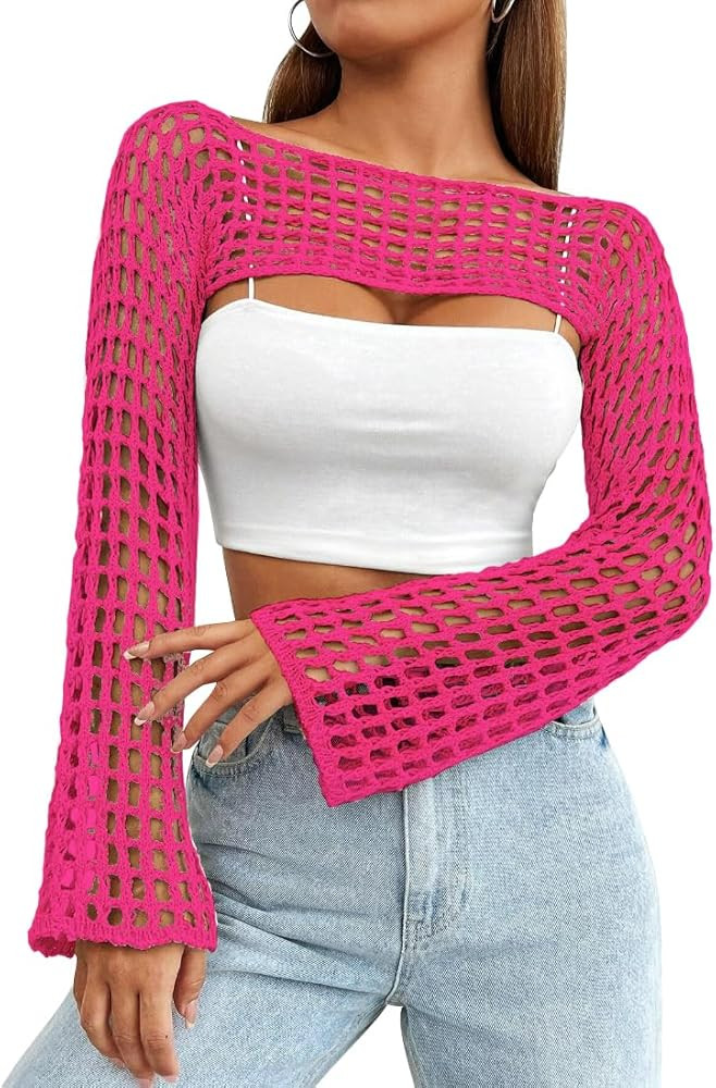 Womens Crochet Shrug Y2K Hollow Out Bolero Shrug See Through Cropped Knit Sweater Top | Amazon (US)