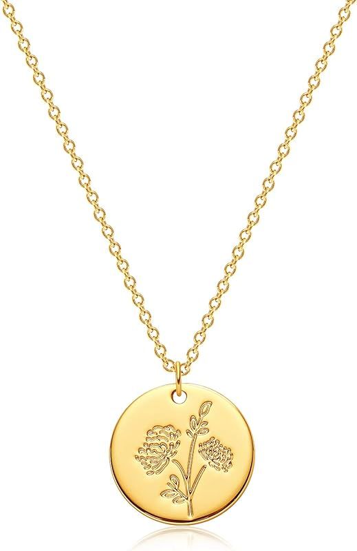 Mevecco Birth Flower Necklace 18k Gold Engraved Custom Floral Pendant Necklaces Dainty Birth Month F | Amazon (US)