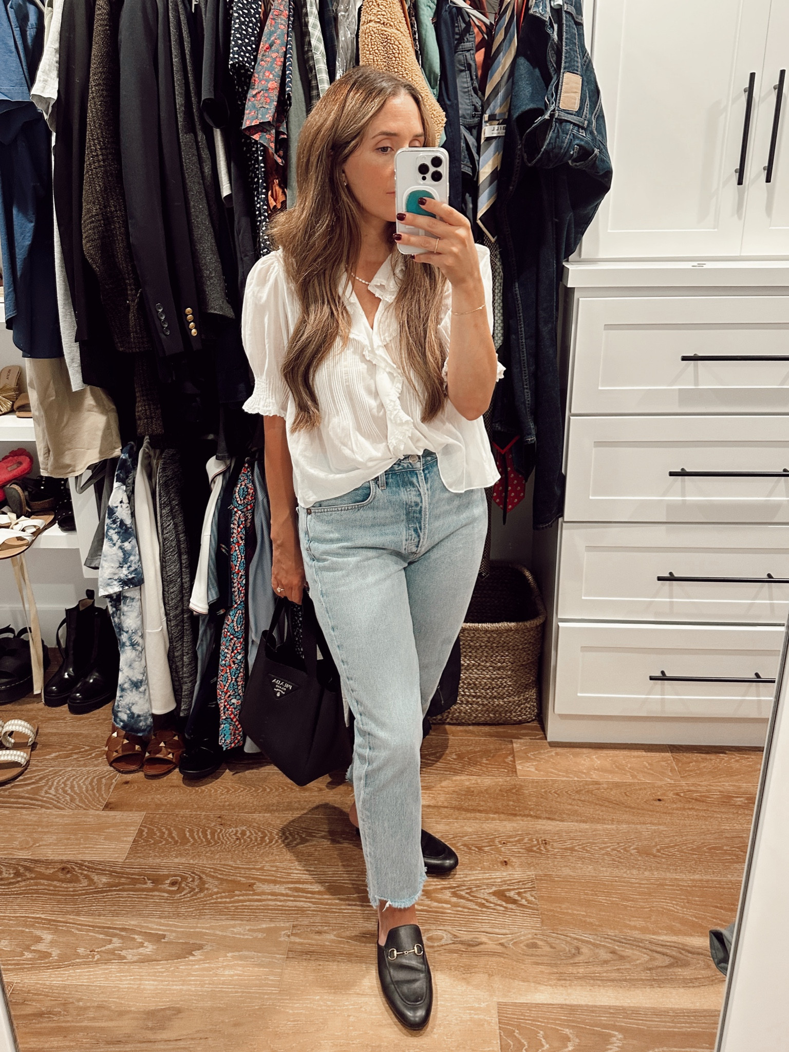 Fall Outfit - White Doen Blouse - Mom Jeans - Loafers - Gucci Mules - Prada Bucket Bag 

#LTKshoecrush #LTKfamily #LTKstyletip