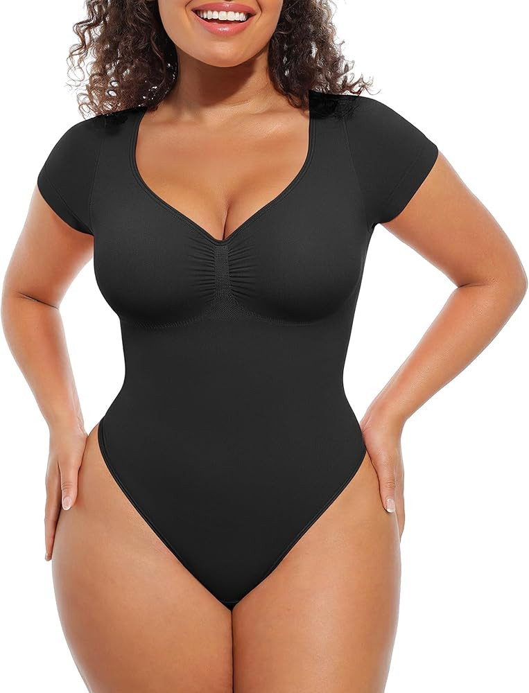 FeelinGirl Short Sleeve Bodysuit for Women V Neck Tummy Control Shapewear Seamless Thong Body Sui... | Amazon (US)
