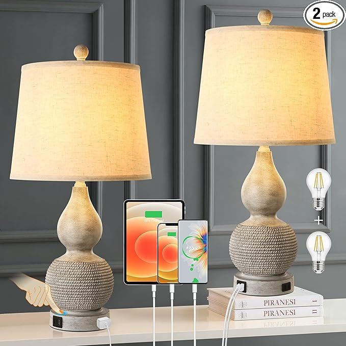 Resin Bedside Table Lamp Set of 2, 3-Way Dimmable Nightstand Lamps Touch Control with USB A+C Cha... | Amazon (US)