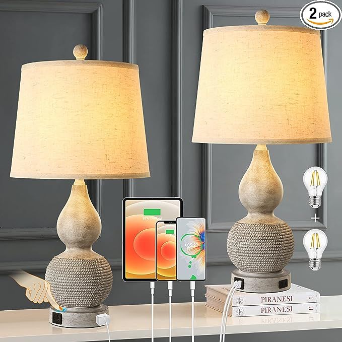Resin Bedside Table Lamp Set of 2, 3-Way Dimmable Nightstand Lamps Touch Control with USB A+C Cha... | Amazon (US)