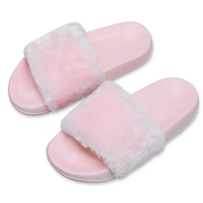 Barerun Women's Fuzzy Faux Fur Open Toe Slides Slippers | Walmart (US)