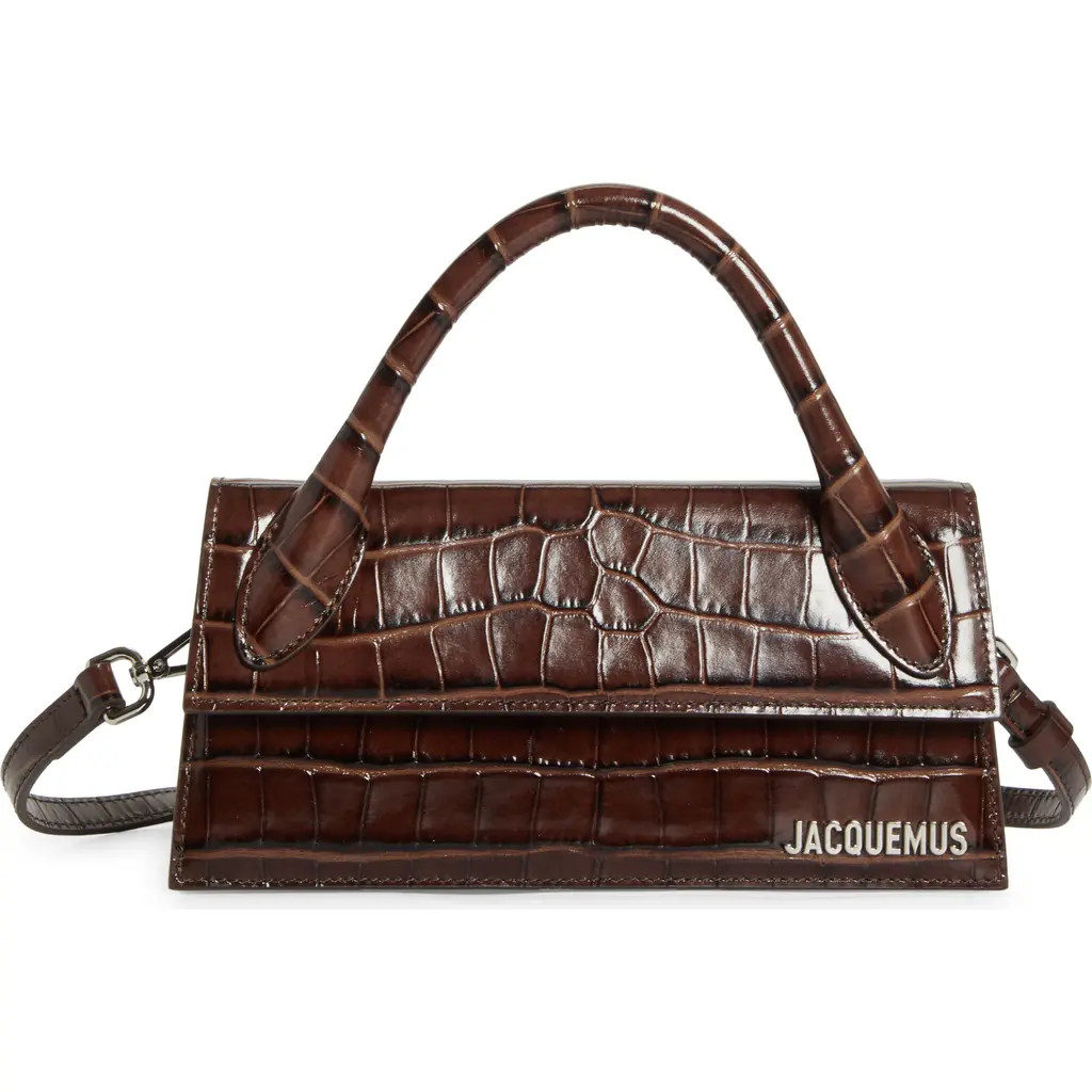 Jacquemus Le Chiquito Long Croc Embossed Leather Top Handle Bag in Dark Brown at Nordstrom | Nordstrom