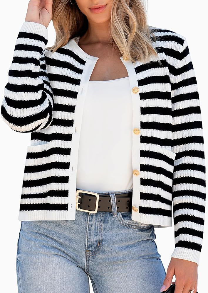 ANRABESS Women Cardigan Sweater Dressy Casual Classic Long Sleeve Crew Neck Button Down Tweed Kni... | Amazon (US)