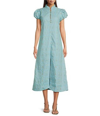 SAIL to SABLE Metallic Eyelet Front Button Short Puff Sleeve Midi Dress | Dillard's | Dillard's