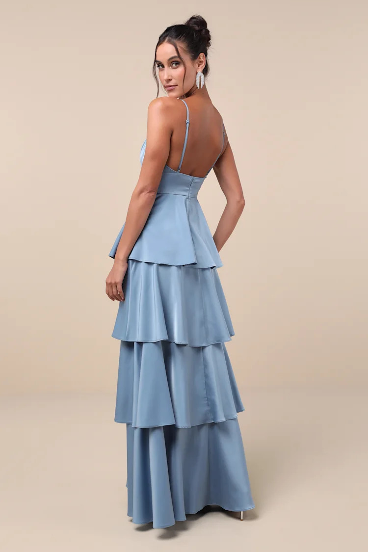 Going with Elegance Slate Blue Satin Tiered Gown | Lulus