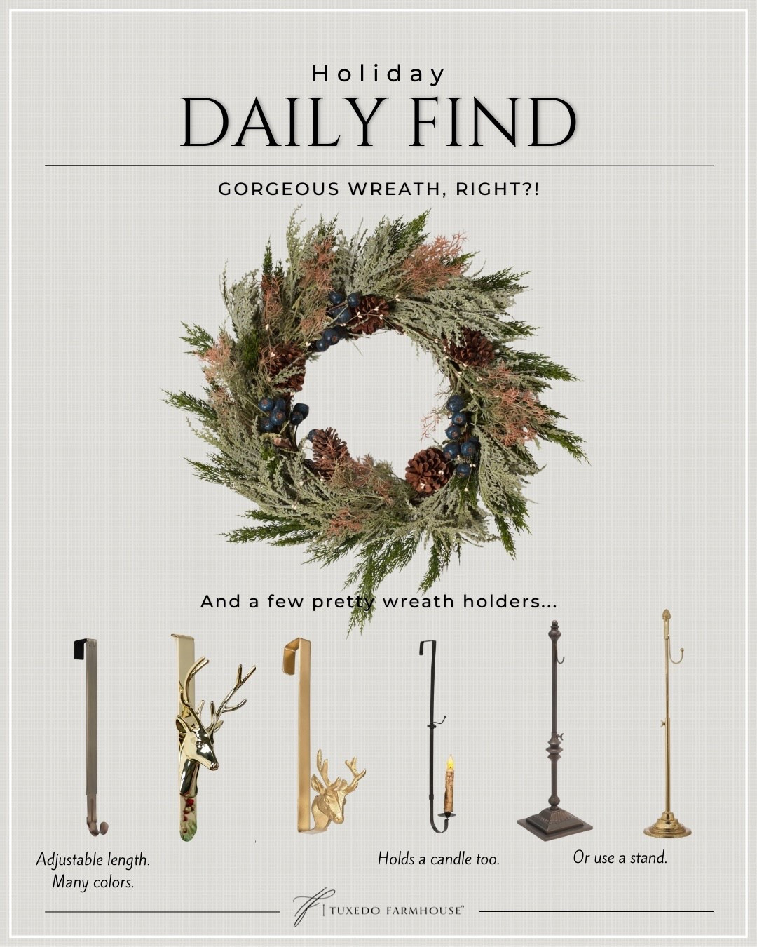 How pretty is this holiday wreath?! I love the color tones and mixed greenery. Found a few pretty wreath hangers and stands as well  

#LTKStyleTip #LTKSeasonal #LTKHome