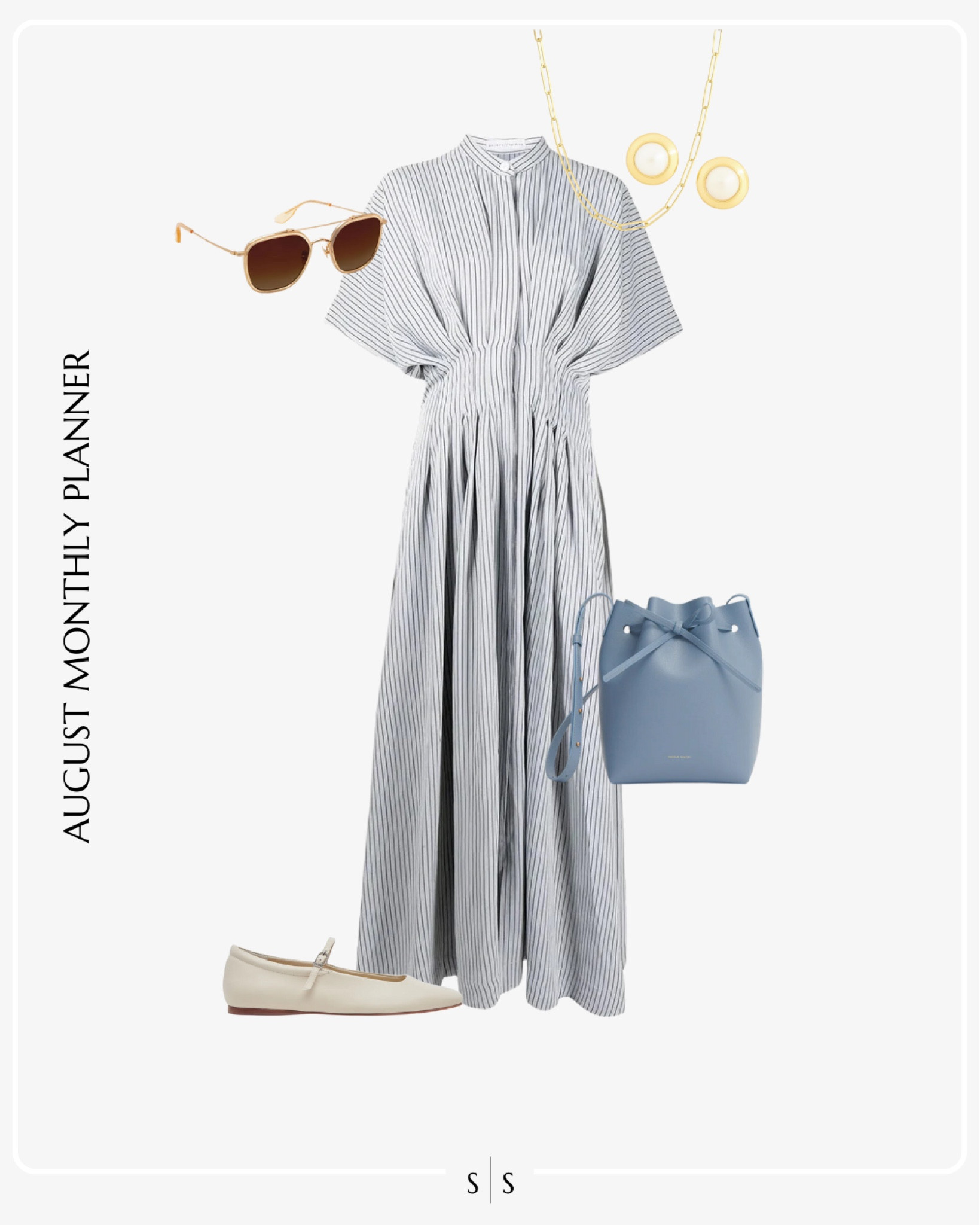 Monthly outfit planner AUGUST: Summer transitional looks | striped maxi shirt dress, white ballet flats, sunglasses, blue leather bucket bag, gold pearl stud earrings 

See the entire calendar on thesarahstories.com ✨ 


#LTKStyleTip