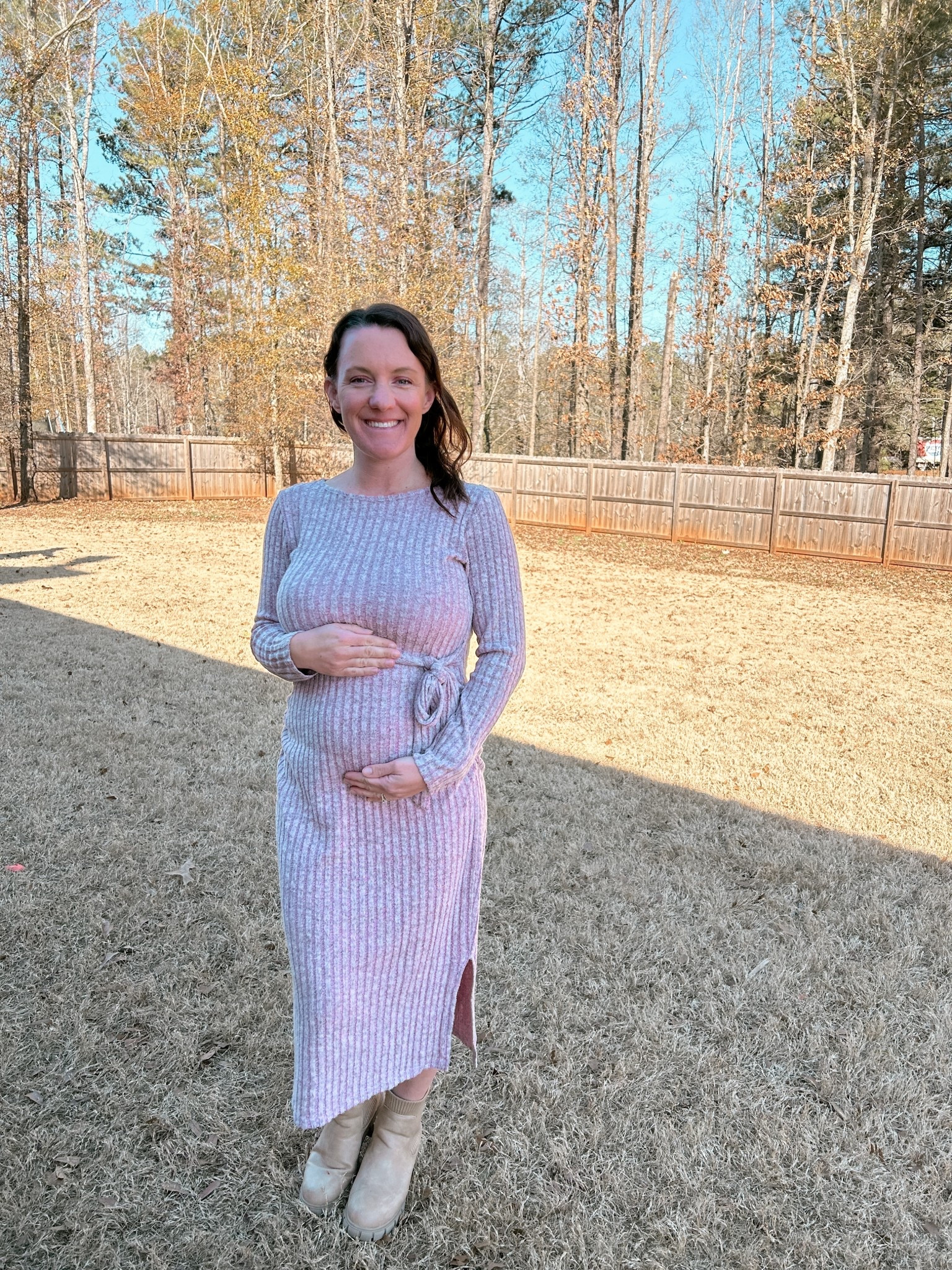 Bump-friendly light blush sweater dress from Amazon 
Size S
Tan boots from Amazon 
Size 6 

#LTKFindsUnder50 #LTKPetite #LTKBump