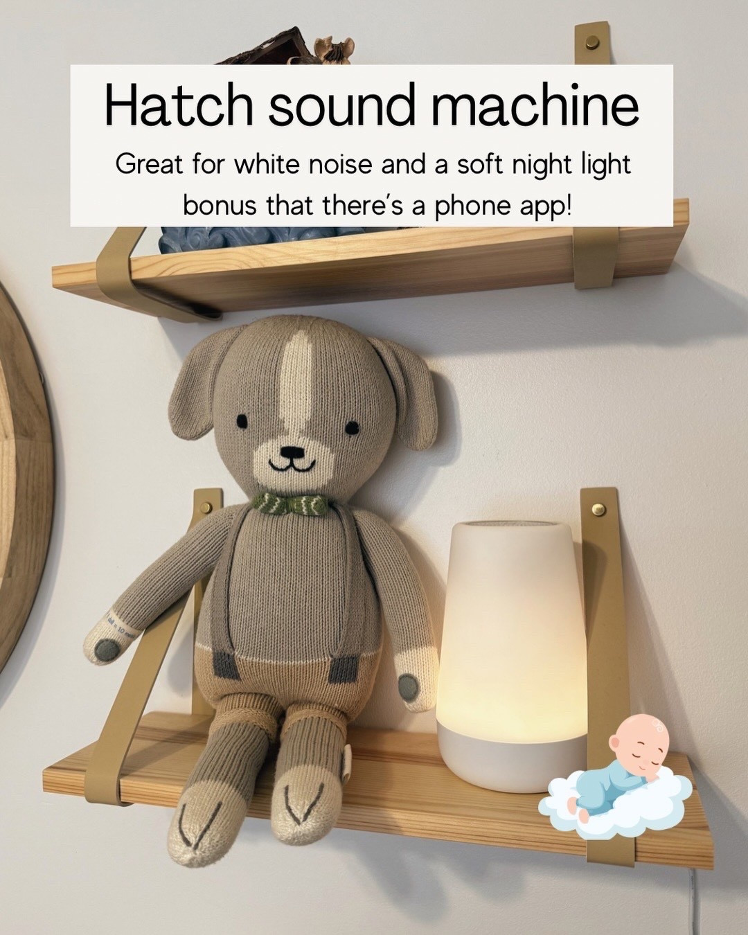 Nursery wall decor
Hatch sound machine
Cuddle kind stuffed Noah doll
Floating shelves with leather straps 

Baby room, decorations, kids room wall art decor