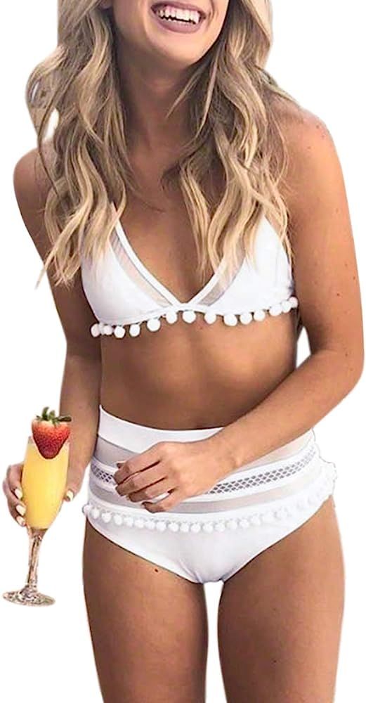 Womens High Waisted Bikini Set Stripe Tassel Halter Two Pieces Swimsuits | Amazon (US)