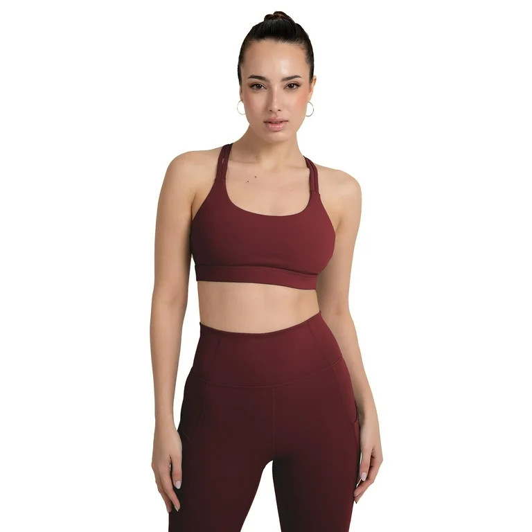 YITTY Active Women's UltraLuxe Strappy Medium Impact Bra, Athleisure, 4-Way-Stretch, Burgundy, L | Walmart (US)