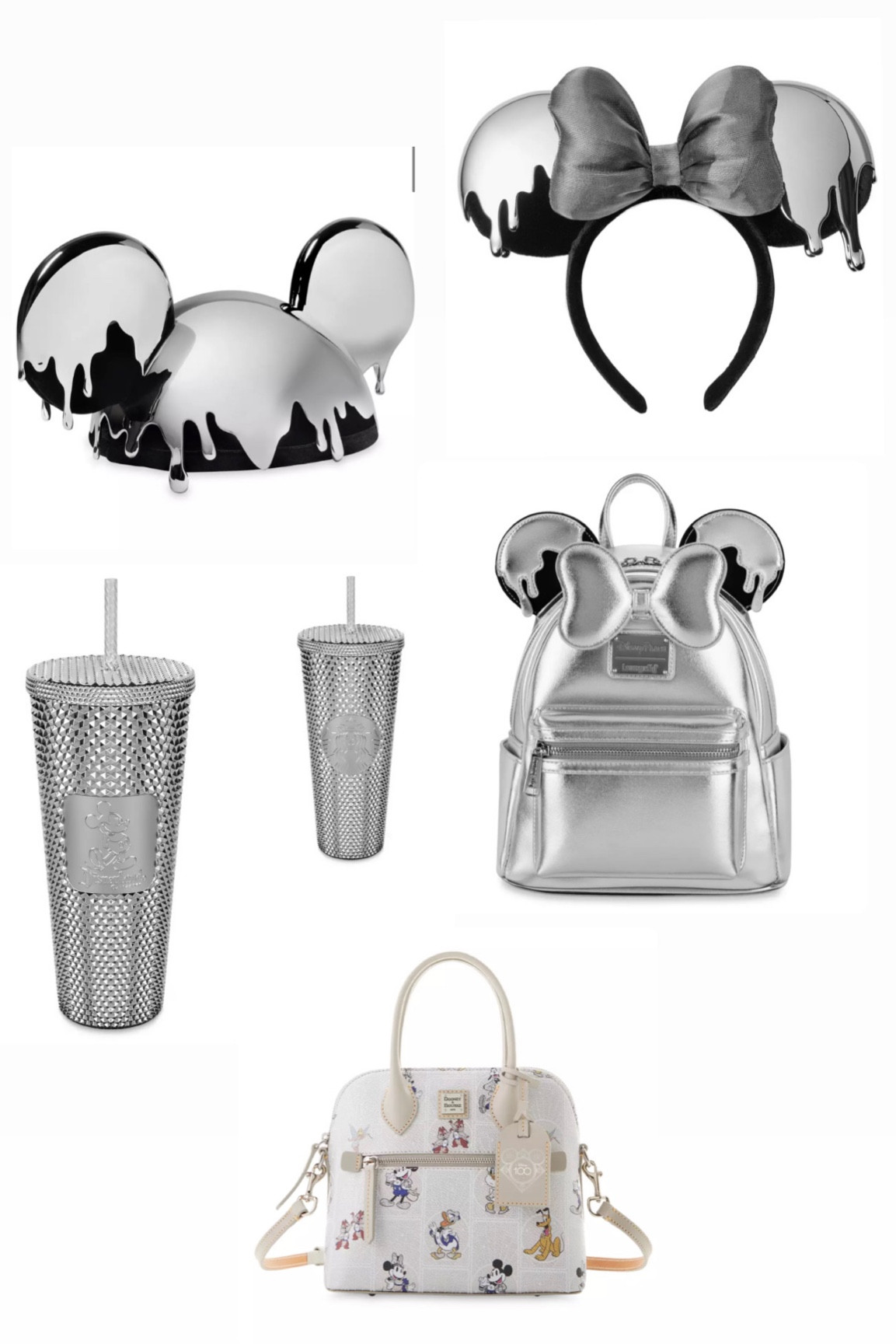 The new 100th year collection! 

The Silver chrome is so beautiful!! 😍 
Starbucks chrome cup 
Drip ears 
100th Dooney & Bourke #disney100 
#disney