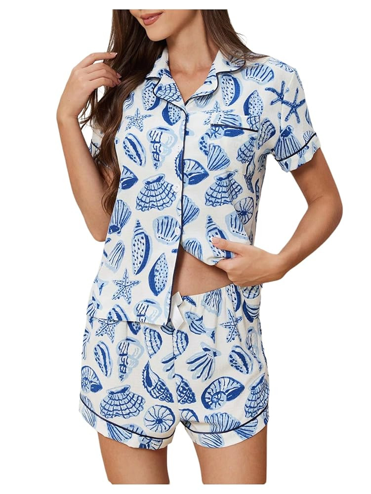 MakeMeChic Women's 2 Piece Pajama Set Graphic Short Sleeve Button Down Shirt and Shorts Set Sleep... | Amazon (US)