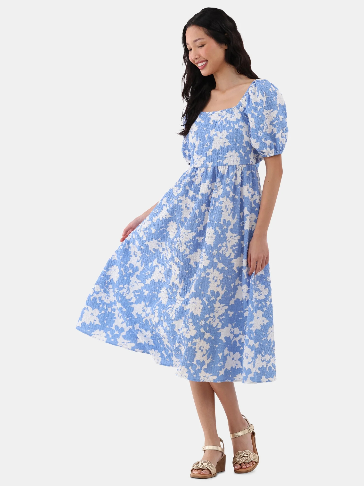 Time and Tru Women's and Women's Plus Back Tie Midi Dress with Puff Sleeves, Sizes XS-XXXL | Walmart (US)