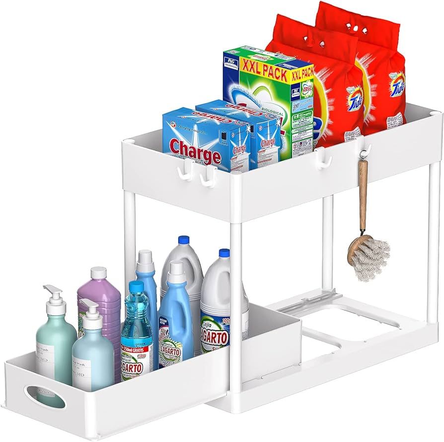 PUILUO Under Sliding Cabinet Basket Organizer, 2 Tier Under Sink Organizers White Under Sink Stor... | Amazon (US)