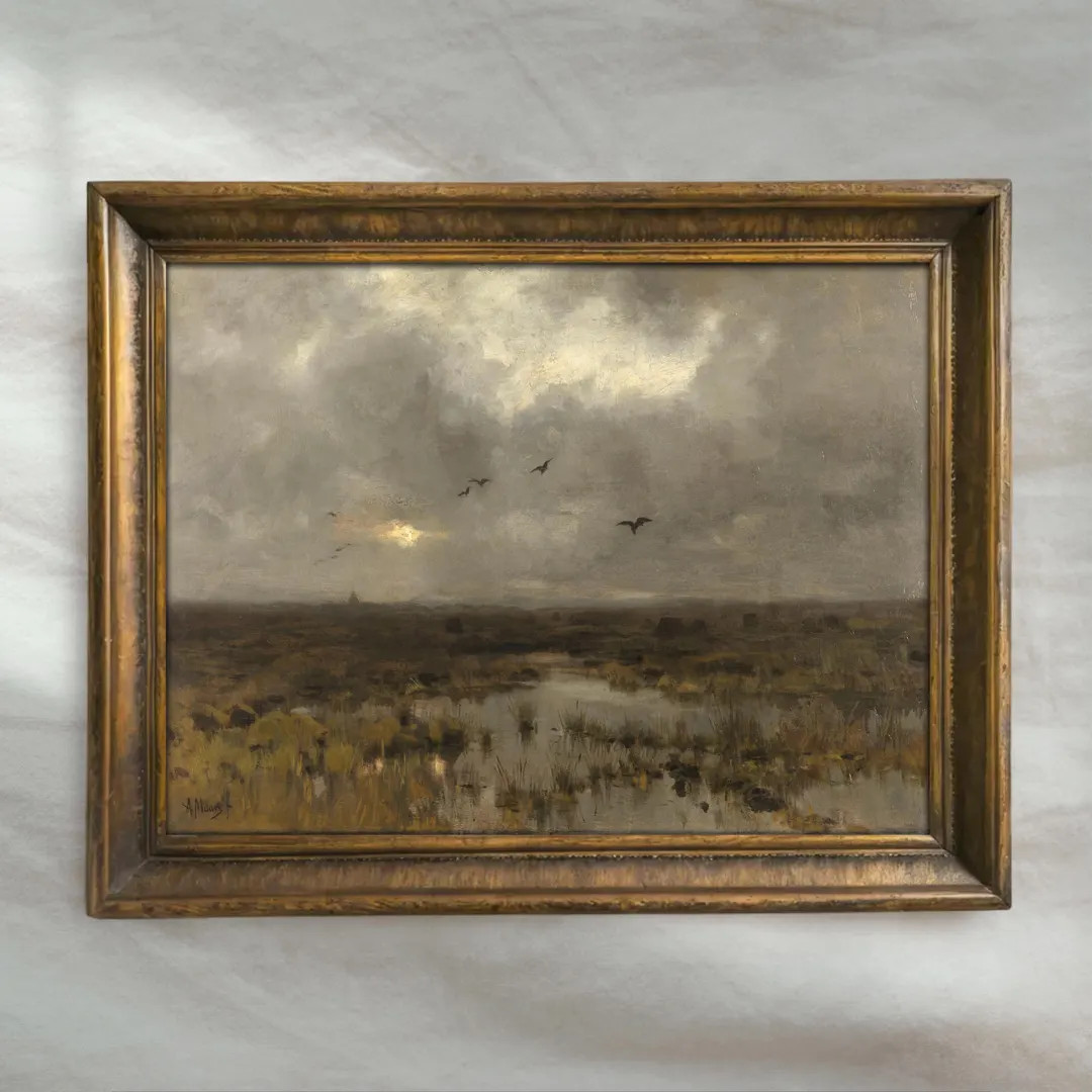 Vintage Marsh Painting | Moody Summer Wetlands Artwork | Rustic Cottagecore Farm Decor | Muted Fl... | Etsy (US)