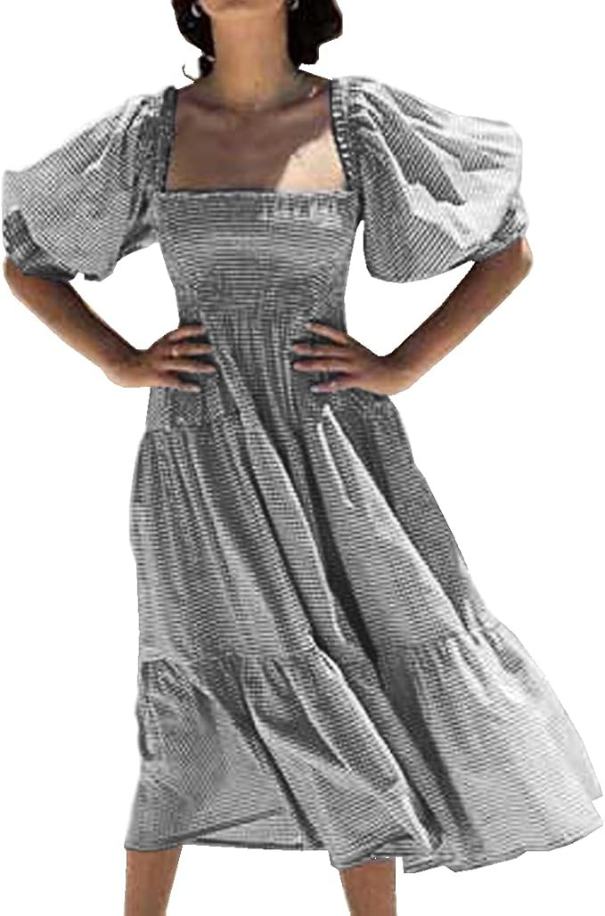 R.Vivimos Women's Summer Cotton Plaid Puff Sleeves Bow Casual Off-Shoulder Boho Midi Dress | Amazon (US)