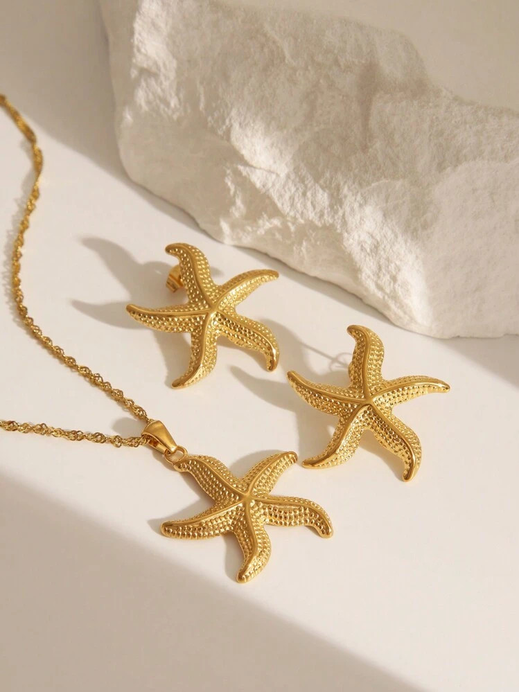 2 Pcs European & American Fashion Beach Resort Themed Stainless Steel Gold Plated Starfish Neckla... | SHEIN