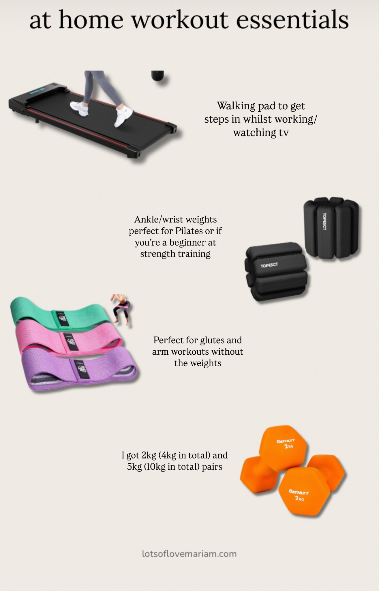 At home workout essentials I use all the time! 

Walking pad, ankle weights, resistance bands, weights 

#LTKeurope #LTKfitness #LTKsummer