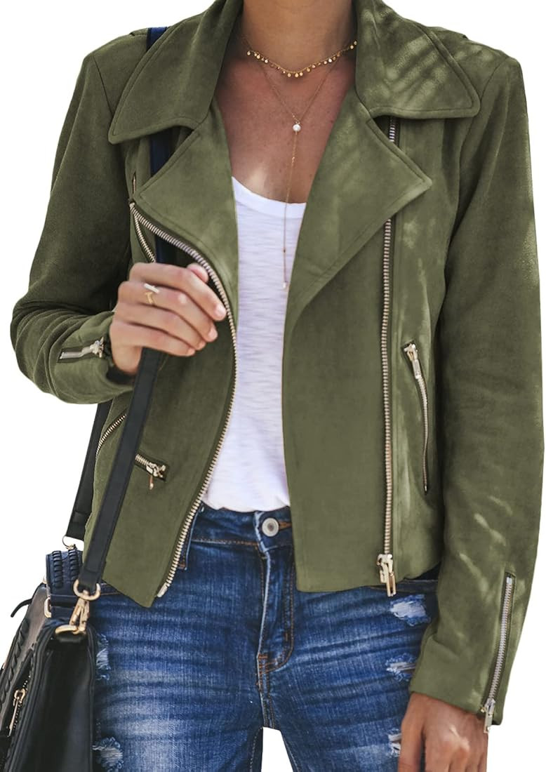 ROSKIKI Women's Faux Suede Moto Biker Short Coat Jacket | Amazon (US)