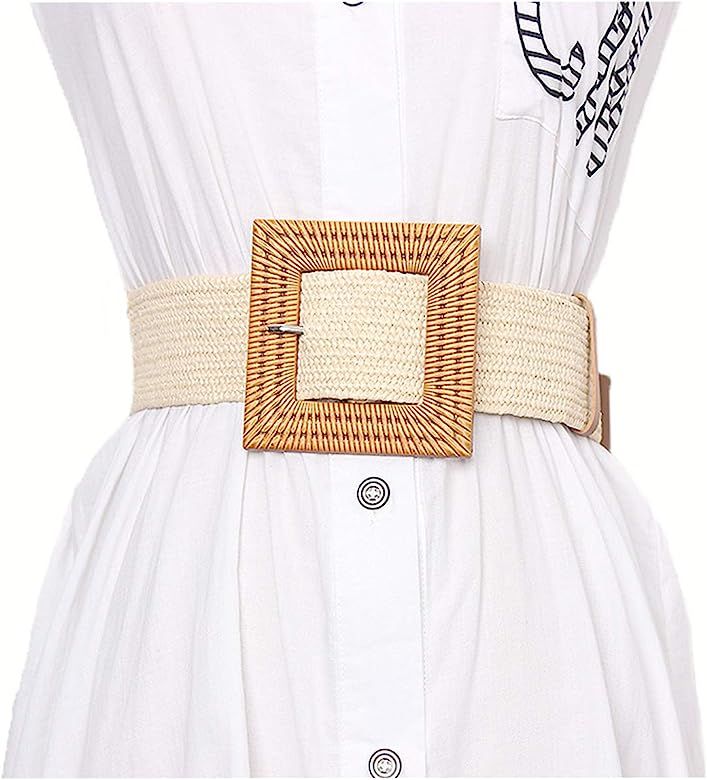 Women Skinny Dress Belt, Fashion Straw Woven Elastic Stretch Waist Band Wood Buckle Belt | Amazon (US)